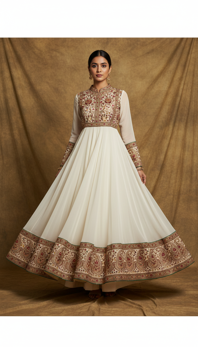 Ivory Veil Chiffon Anarkali with Sandalwood Brown Detailing