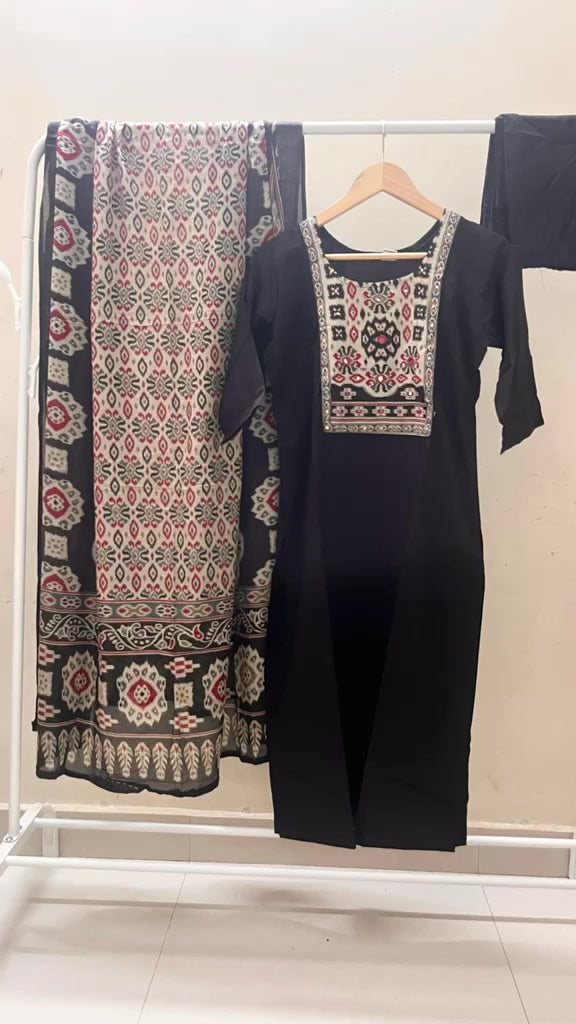Black Straight Cut Cotton Salwar Set with Ikkat Embroidery