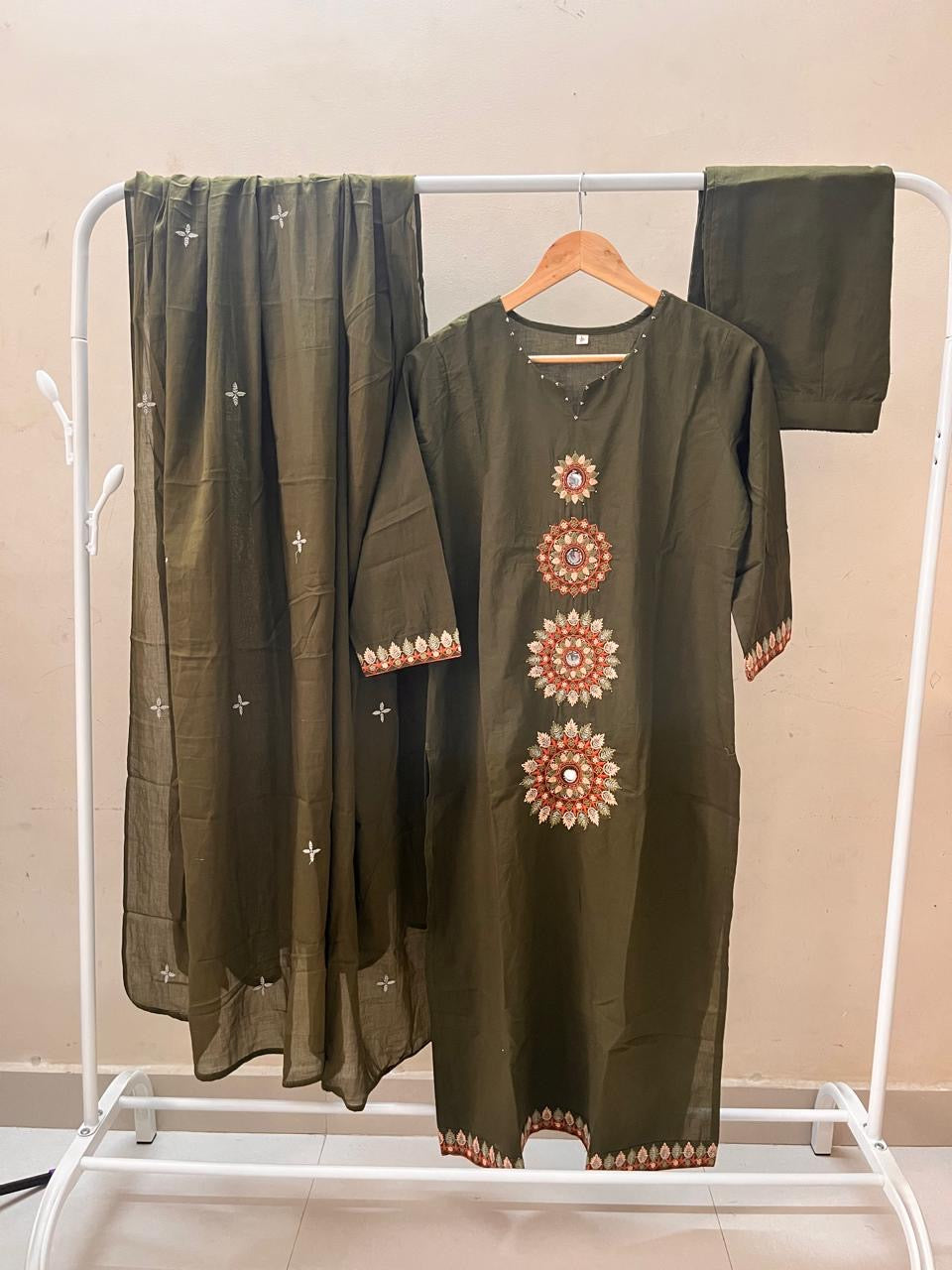 Olive Green Floral Embroidered Cotton 3-Piece Suit Set